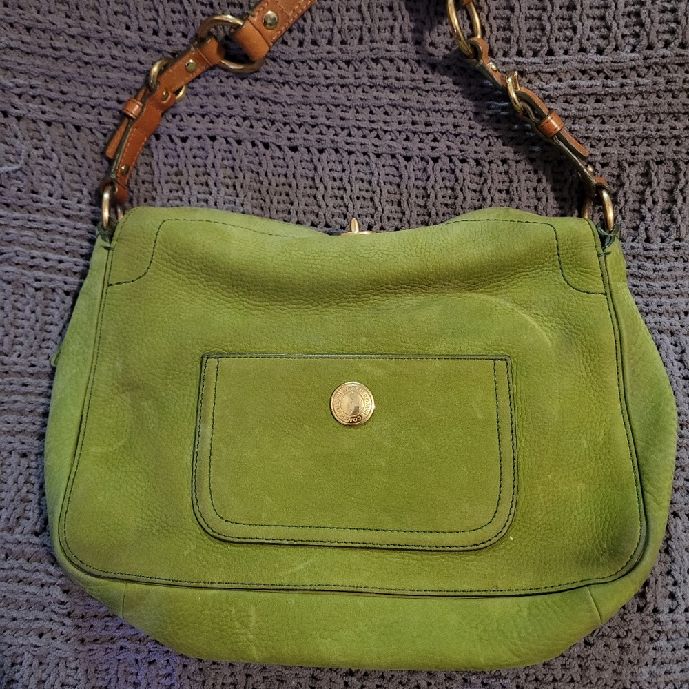 EUC Coach Green Suede leather purse with Brown Coach storage bag.